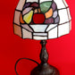 Vintage Table Lamp Bronze Metal Cast Column LEAD FREE Tiffany Style Slag-Stained Glass Multicolor Fruits Themed Shade In Line Switch 13” Tall