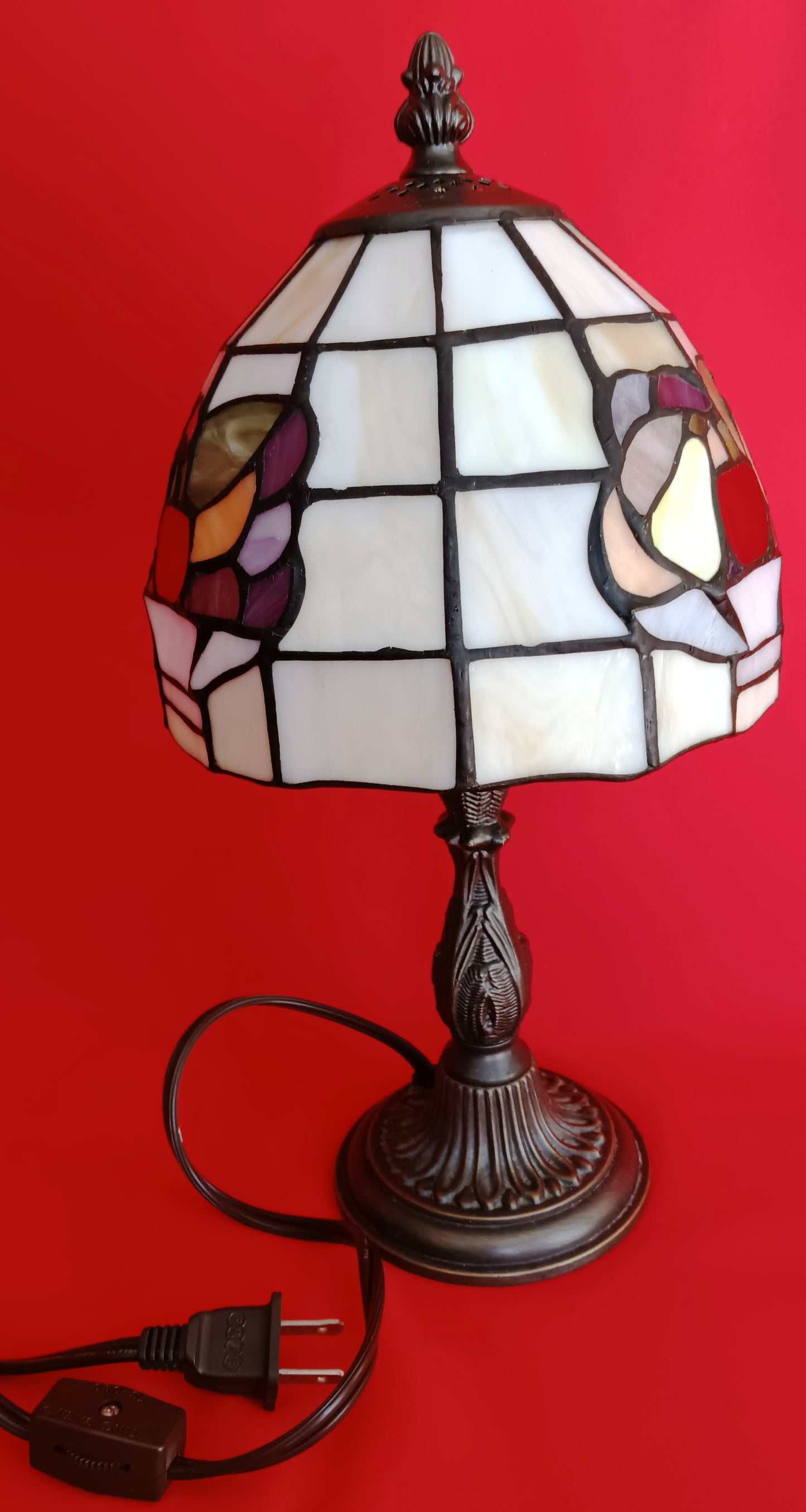 Vintage Table Lamp Bronze Metal Cast Column LEAD FREE Tiffany Style Slag-Stained Glass Multicolor Fruits Themed Shade In Line Switch 13” Tall