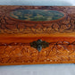 Vintage Carved Floral Cedar Wood Box Jewelry Keepsake Trinket Stash Box Medallion Decoupage Cottage Country Scene Mirror Footed Hinged