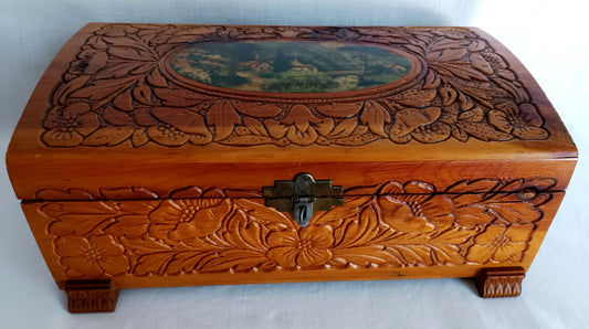 Vintage Carved Floral Cedar Wood Box Jewelry Keepsake Trinket Stash Box Medallion Decoupage Cottage Country Scene Mirror Footed Hinged