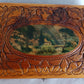 Vintage Carved Floral Cedar Wood Box Jewelry Keepsake Trinket Stash Box Medallion Decoupage Cottage Country Scene Mirror Footed Hinged