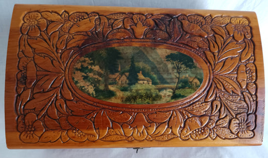 Vintage Carved Floral Cedar Wood Box Jewelry Keepsake Trinket Stash Box Medallion Decoupage Cottage Country Scene Mirror Footed Hinged