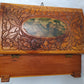 Vintage Carved Floral Cedar Wood Box Jewelry Keepsake Trinket Stash Box Medallion Decoupage Cottage Country Scene Mirror Footed Hinged