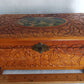 Vintage Carved Floral Cedar Wood Box Jewelry Keepsake Trinket Stash Box Medallion Decoupage Cottage Country Scene Mirror Footed Hinged