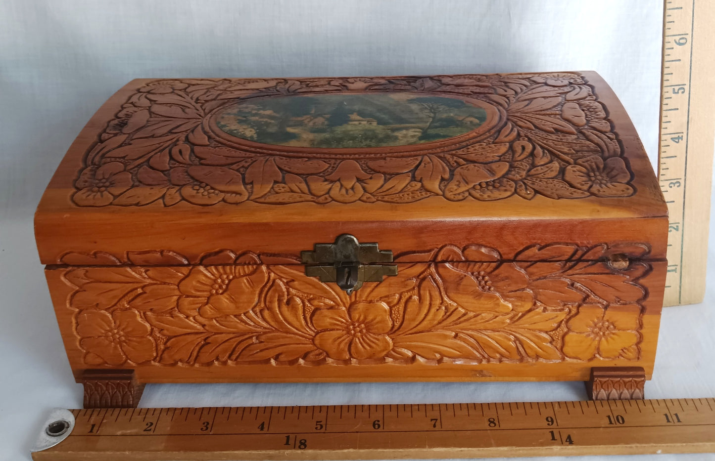Vintage Carved Floral Cedar Wood Box Jewelry Keepsake Trinket Stash Box Medallion Decoupage Cottage Country Scene Mirror Footed Hinged