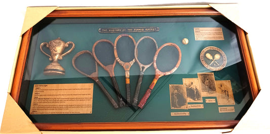 Framed Artwork The History of Tennis Racket 3D Wall Hanging Shadow Box Display Miniature Trophy Rackets Ball Informational Plaques-NIB