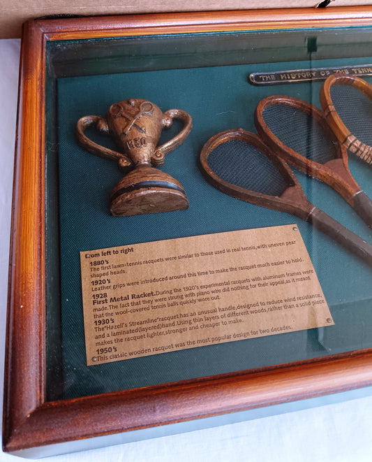Framed Artwork The History of Tennis Racket 3D Wall Hanging Shadow Box Display Miniature Trophy Rackets Ball Informational Plaques-NIB