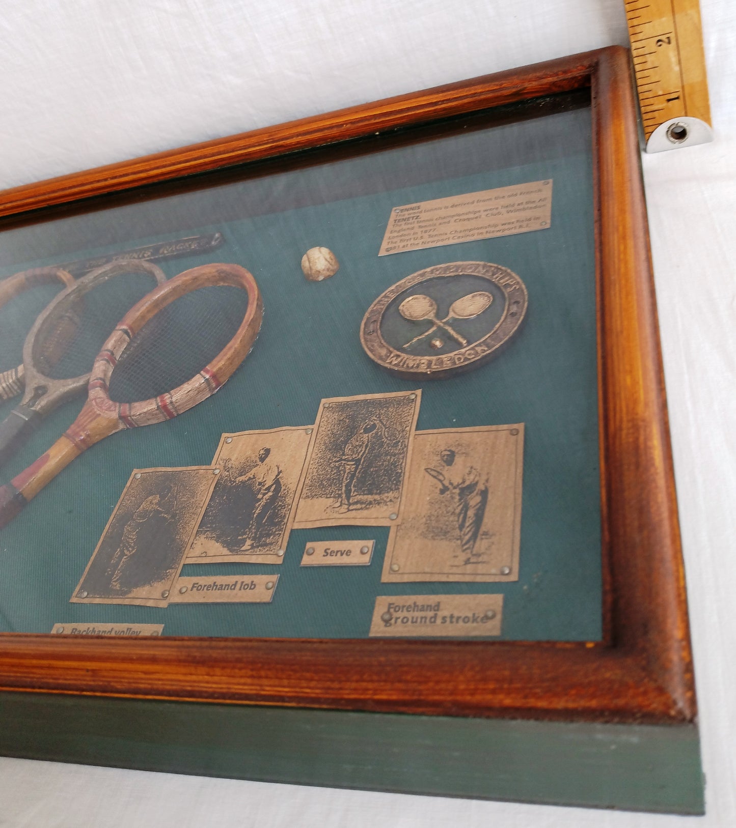 Framed Artwork The History of Tennis Racket 3D Wall Hanging Shadow Box Display Miniature Trophy Rackets Ball Informational Plaques-NIB