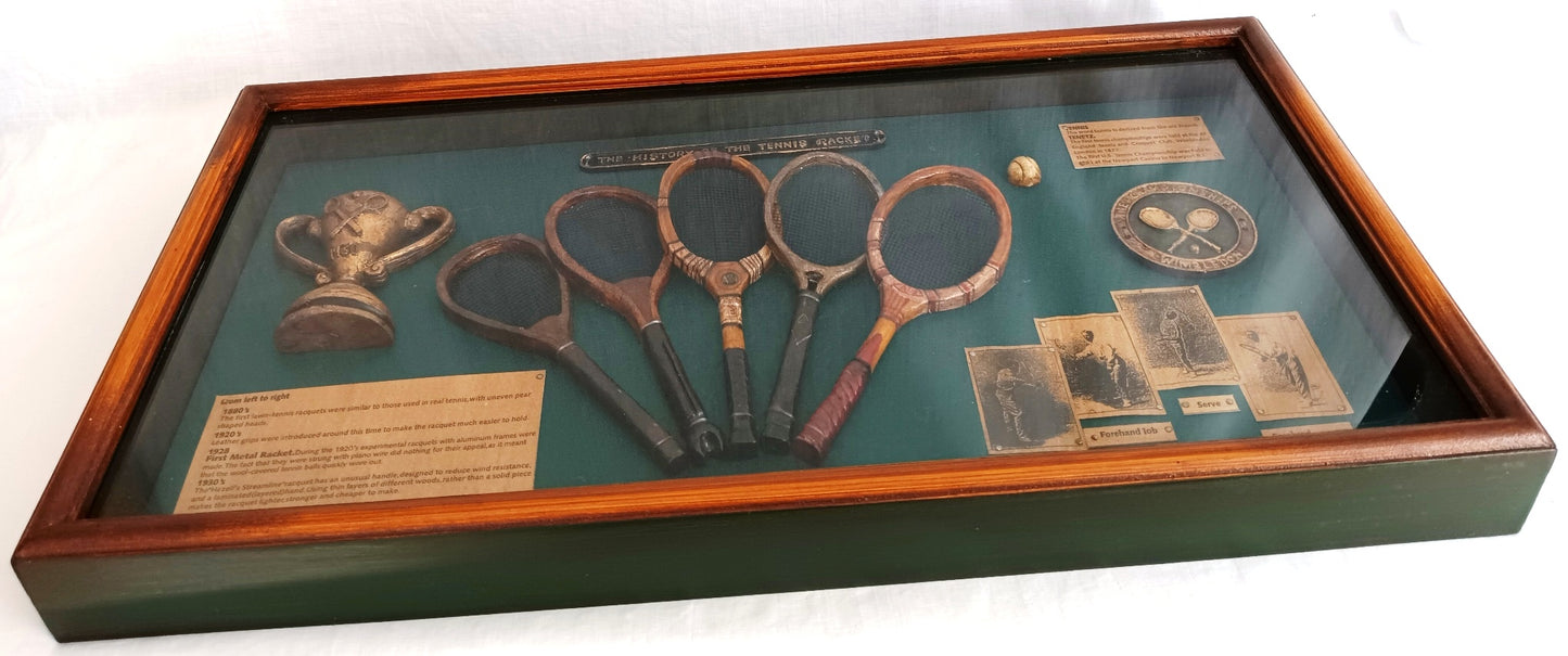 Framed Artwork The History of Tennis Racket 3D Wall Hanging Shadow Box Display Miniature Trophy Rackets Ball Informational Plaques-NIB