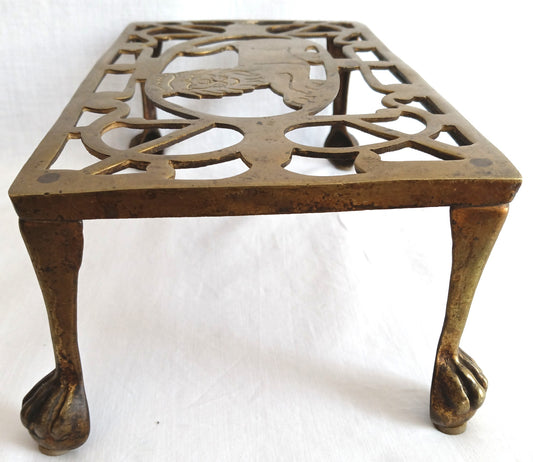 Vintage Antique Rectangle Pierced Top Brass Tea Pot Plant Stand Lion Motif 4 Legs Ball Claw Feet Accent Fireside Rack Mini Table