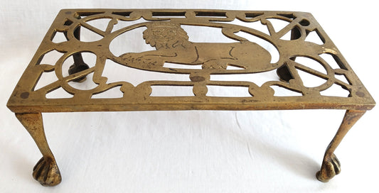 Vintage Antique Rectangle Pierced Top Brass Tea Pot Plant Stand Lion Motif 4 Legs Ball Claw Feet Accent Fireside Rack Mini Table