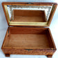Vintage Carved Floral Cedar Wood Box Jewelry Keepsake Trinket Stash Box Medallion Decoupage Cottage Country Scene Mirror Footed Hinged
