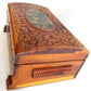 Vintage Carved Floral Cedar Wood Box Jewelry Keepsake Trinket Stash Box Medallion Decoupage Cottage Country Scene Mirror Footed Hinged