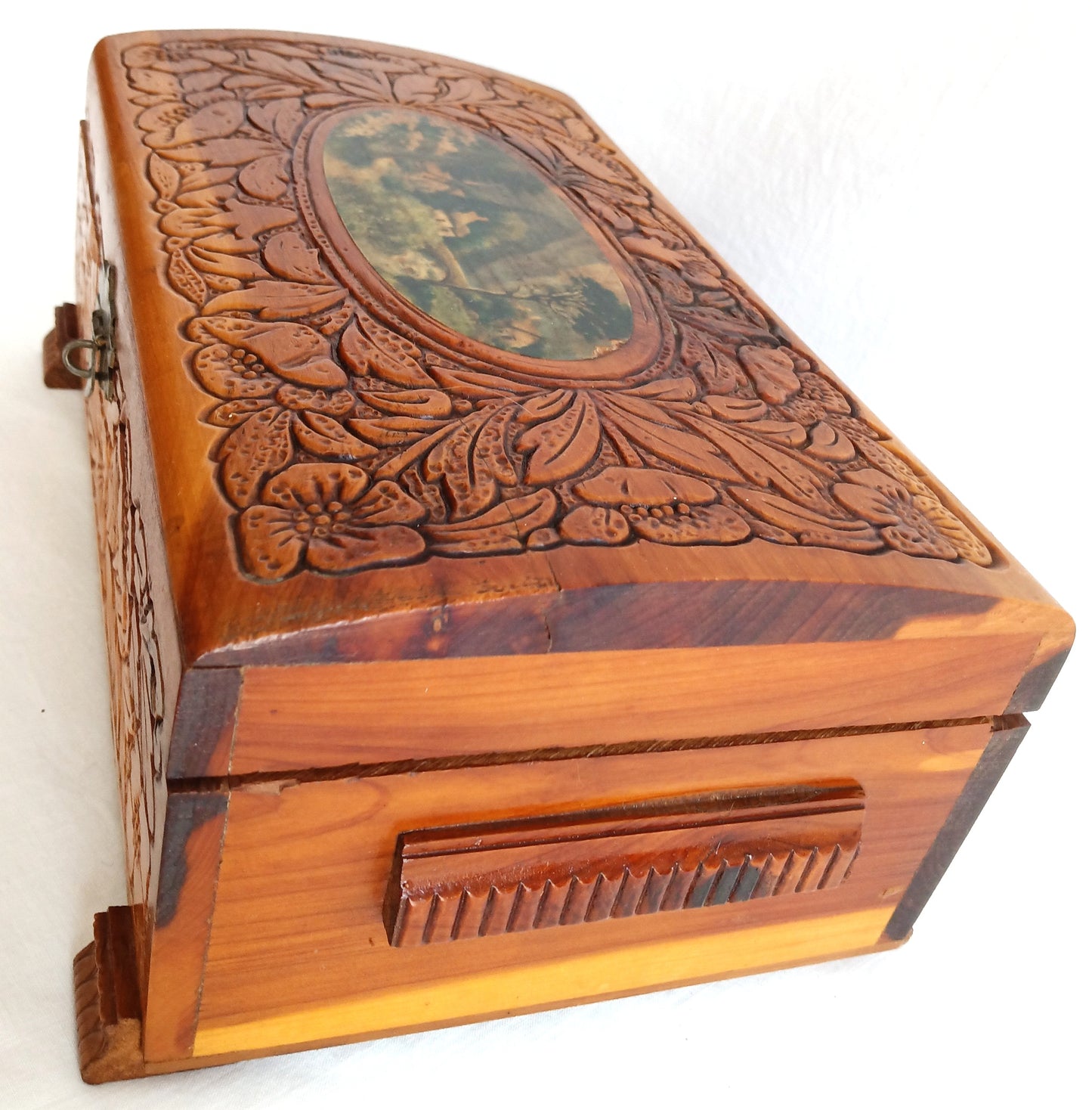 Vintage Carved Floral Cedar Wood Box Jewelry Keepsake Trinket Stash Box Medallion Decoupage Cottage Country Scene Mirror Footed Hinged