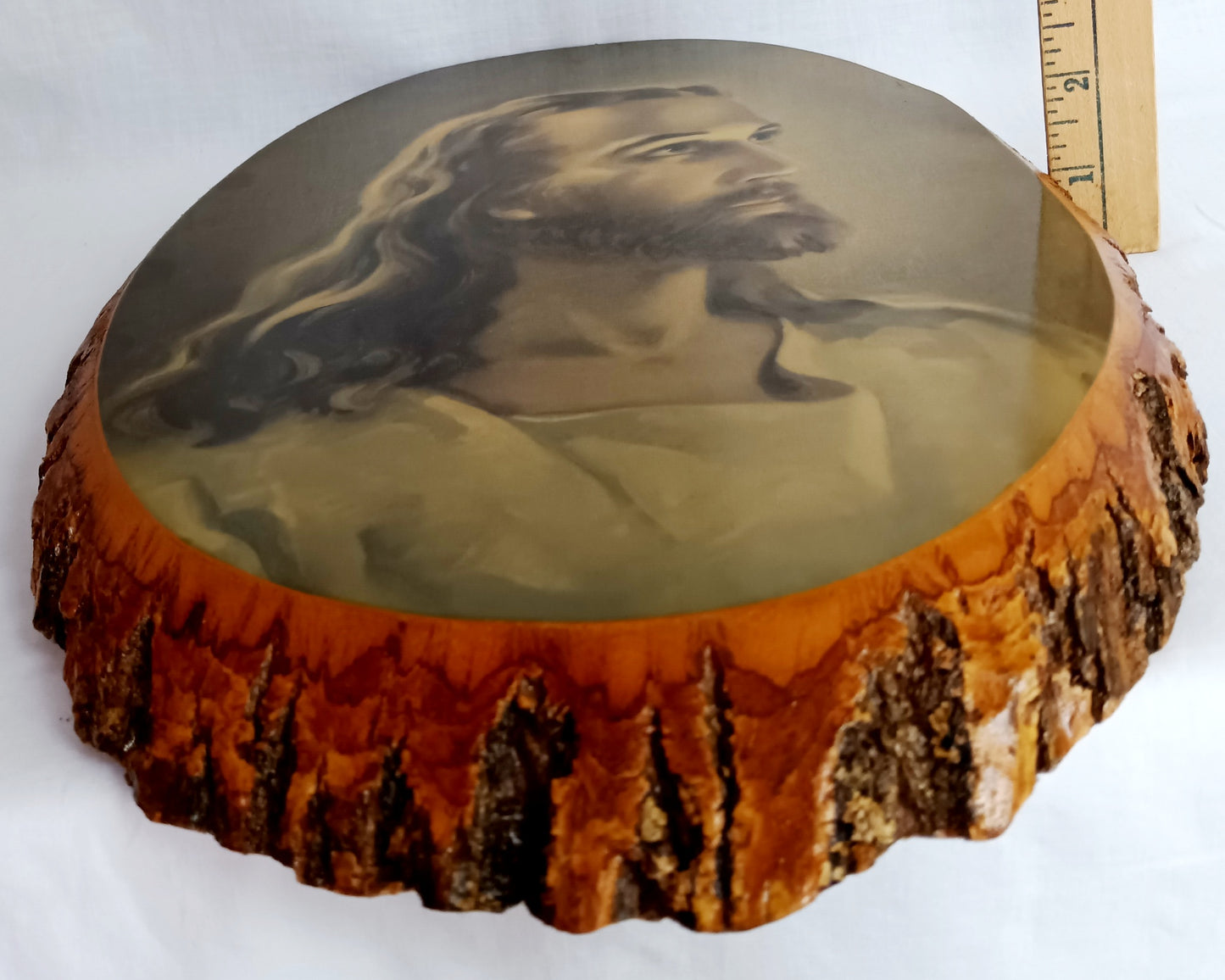 Vintage Sallman’s Head of Christ Lithography in Oval Lacquered Wood Slice Slab Wall Art Christian Religious Gift Divine Inspiration Plaque