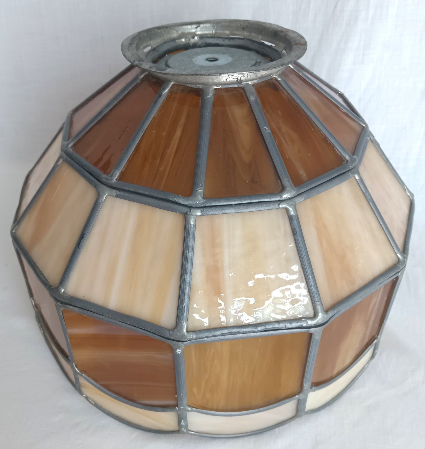 VTG Handcrafted Lampshade Tiffany Style Leaded Slag Glass Ivory Amber Dome Shape Replacement Shade Ceiling Lamp Pendant 10" Across