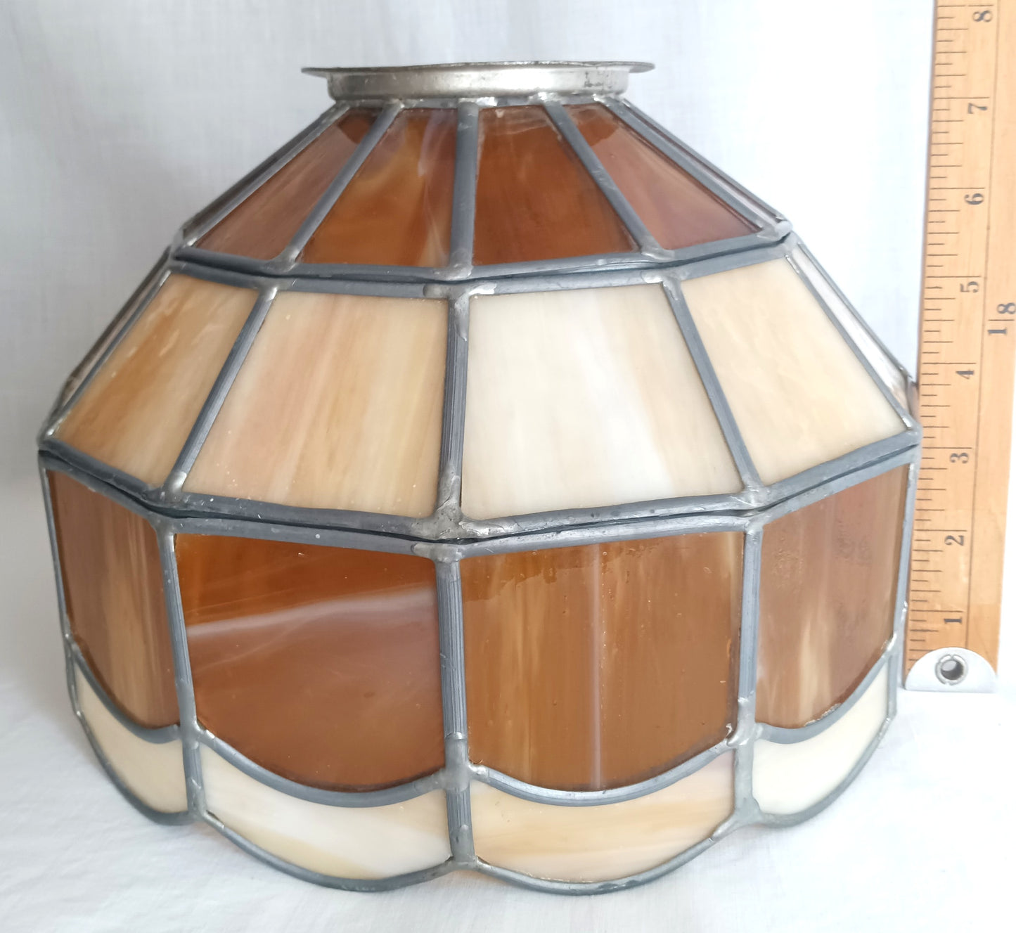 VTG Handcrafted Lampshade Tiffany Style Leaded Slag Glass Ivory Amber Dome Shape Replacement Shade Ceiling Lamp Pendant 10" Across