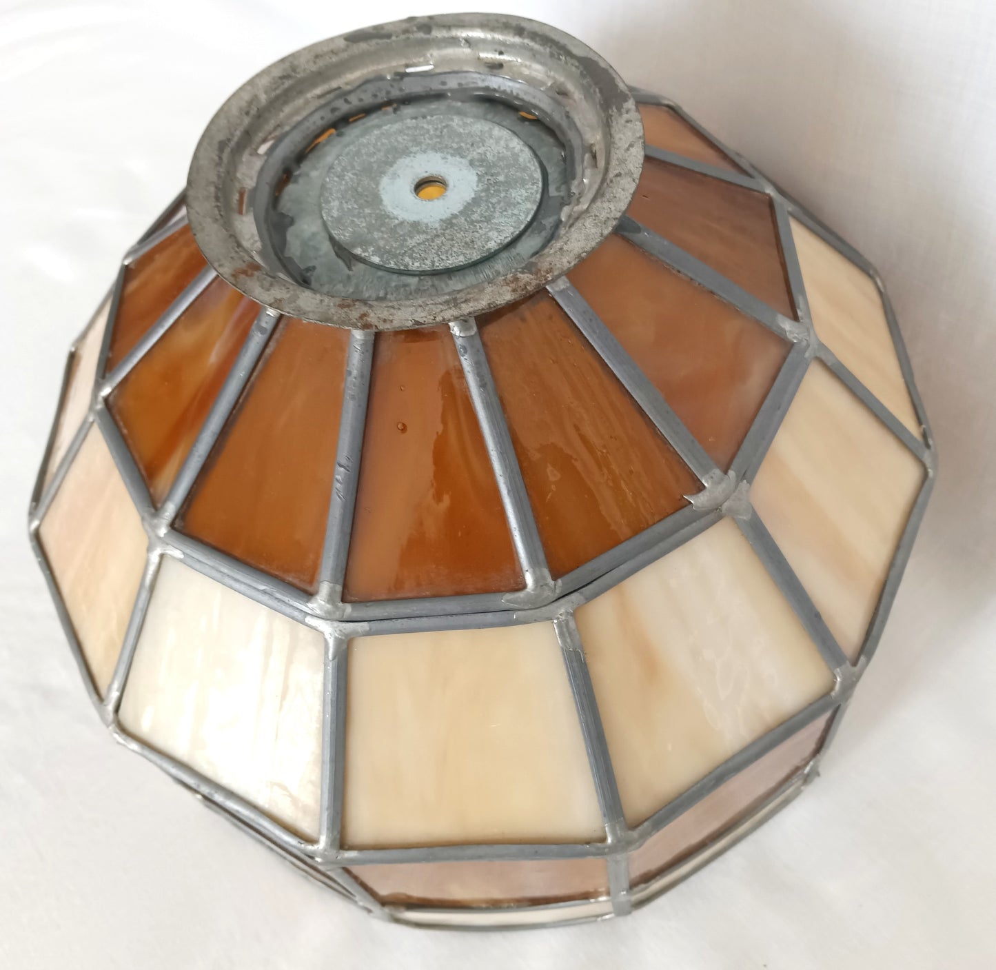 VTG Handcrafted Lampshade Tiffany Style Leaded Slag Glass Ivory Amber Dome Shape Replacement Shade Ceiling Lamp Pendant 10" Across