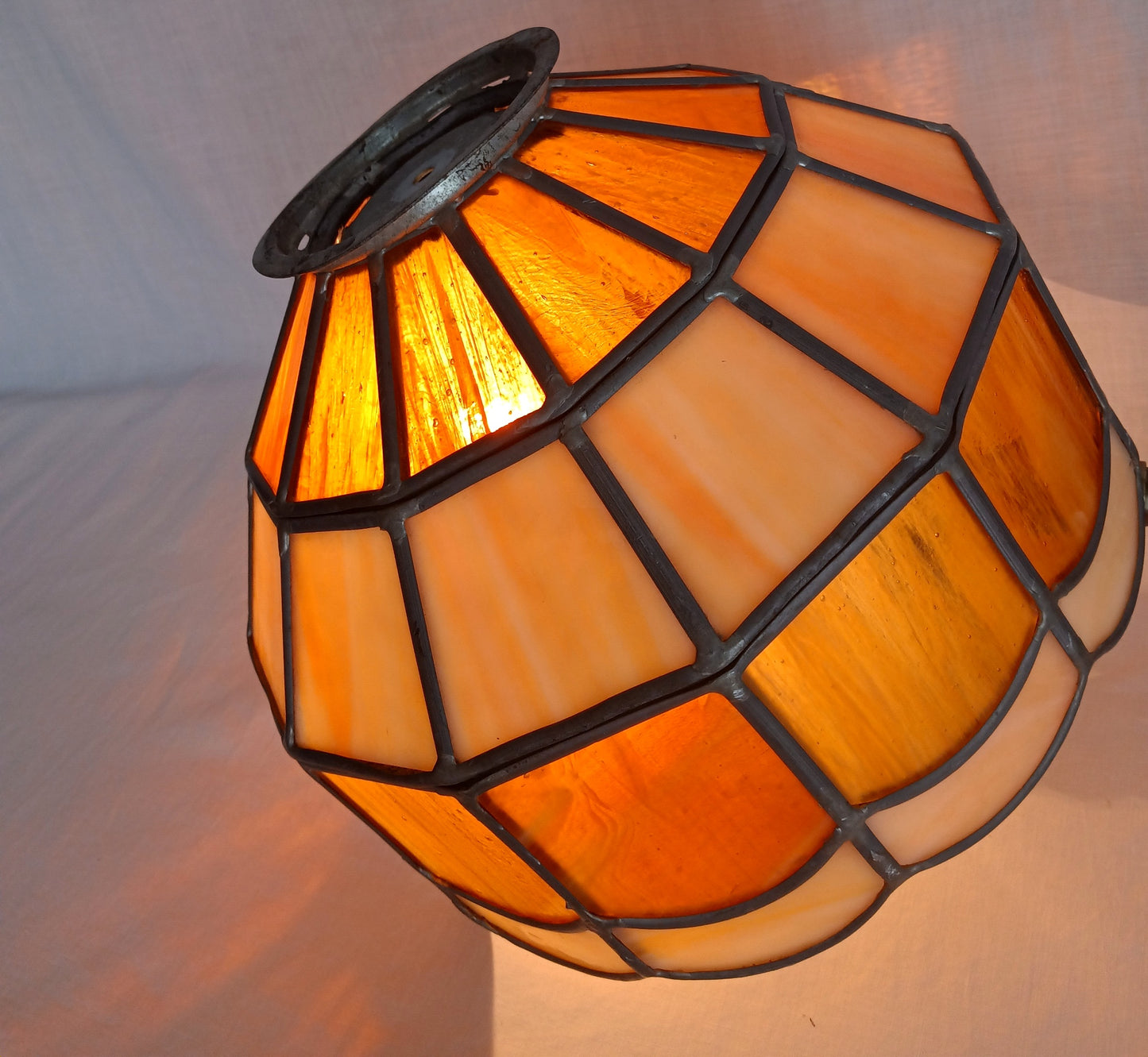 VTG Handcrafted Lampshade Tiffany Style Leaded Slag Glass Ivory Amber Dome Shape Replacement Shade Ceiling Lamp Pendant 10" Across