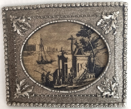Vintage Wall Hanging Decorative Framed Artwork Etched Neoclassical Coastal Scene Set in Ornate Resin 3D Rectangular Frame Nautical Decor