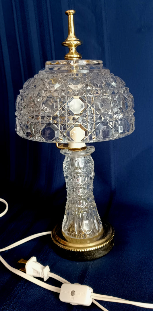 Vintage 24% Lead Crystal Glass Small Lamp w/Shade Geometric Design in Cord Switch Brass Finial Accent Table Lamp 12” H