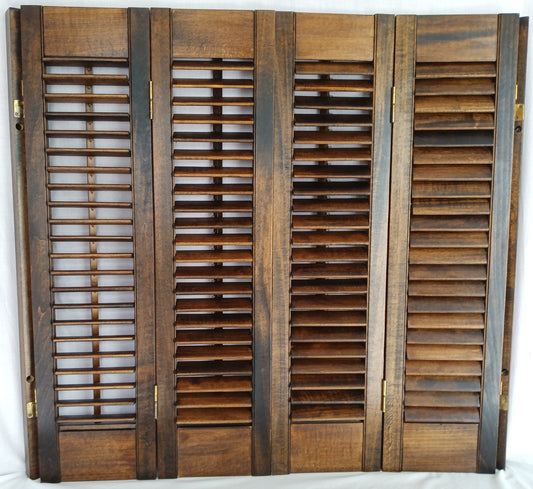 Pair Shutters Plantation Style Louvered Interior Wooden 2 Panels Each Connected Hinges Brown 2 Hang Strips Window Kitchen Rustic 31"W x 28"H