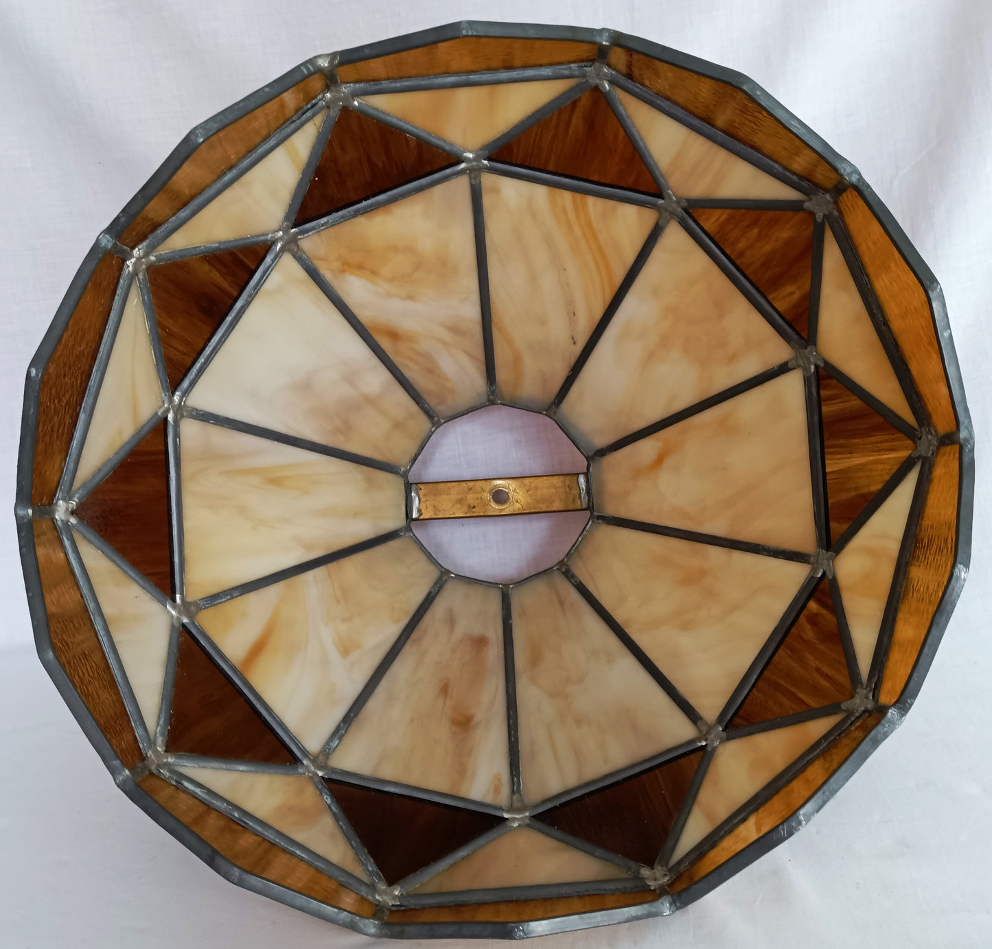 Vintage Large Swag Pendant Large Heavy Replacement Lampshade Tiffany Style Amber Brown Ivory Stained Glass Slag Leaded Framed 15.5” D