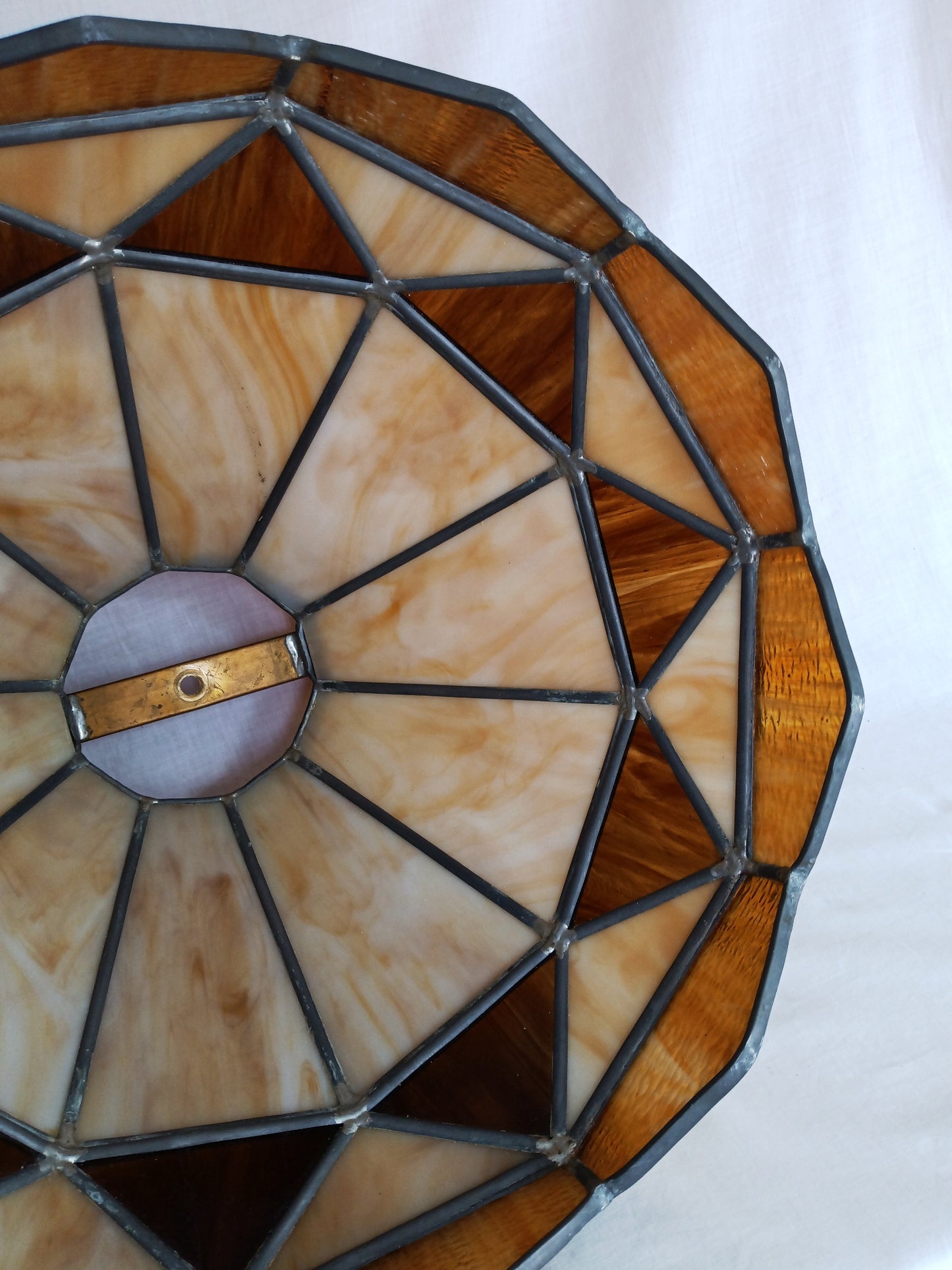 Vintage Large Swag Pendant Large Heavy Replacement Lampshade Tiffany Style Amber Brown Ivory Stained Glass Slag Leaded Framed 15.5” D