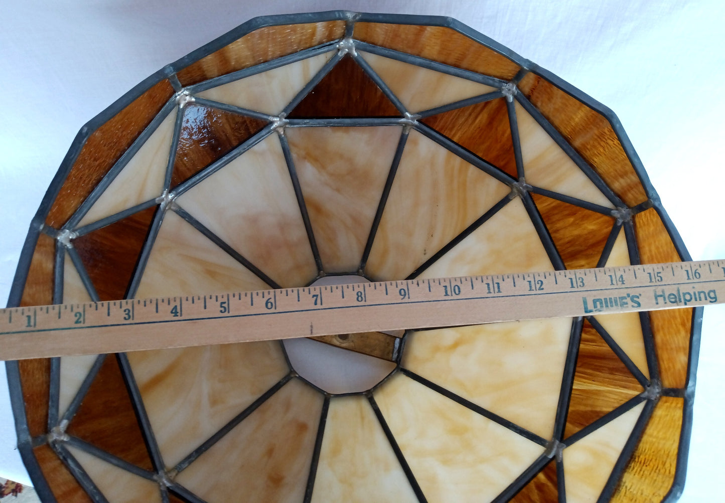 Vintage Large Swag Pendant Large Heavy Replacement Lampshade Tiffany Style Amber Brown Ivory Stained Glass Slag Leaded Framed 15.5” D