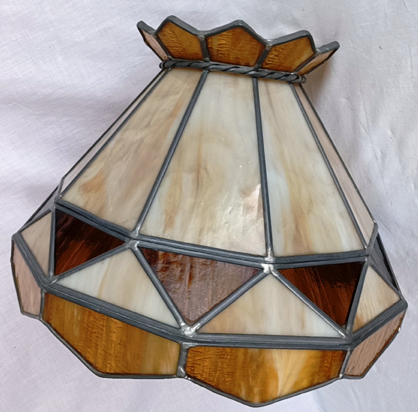 Vintage Large Swag Pendant Large Heavy Replacement Lampshade Tiffany Style Amber Brown Ivory Stained Glass Slag Leaded Framed 15.5” D
