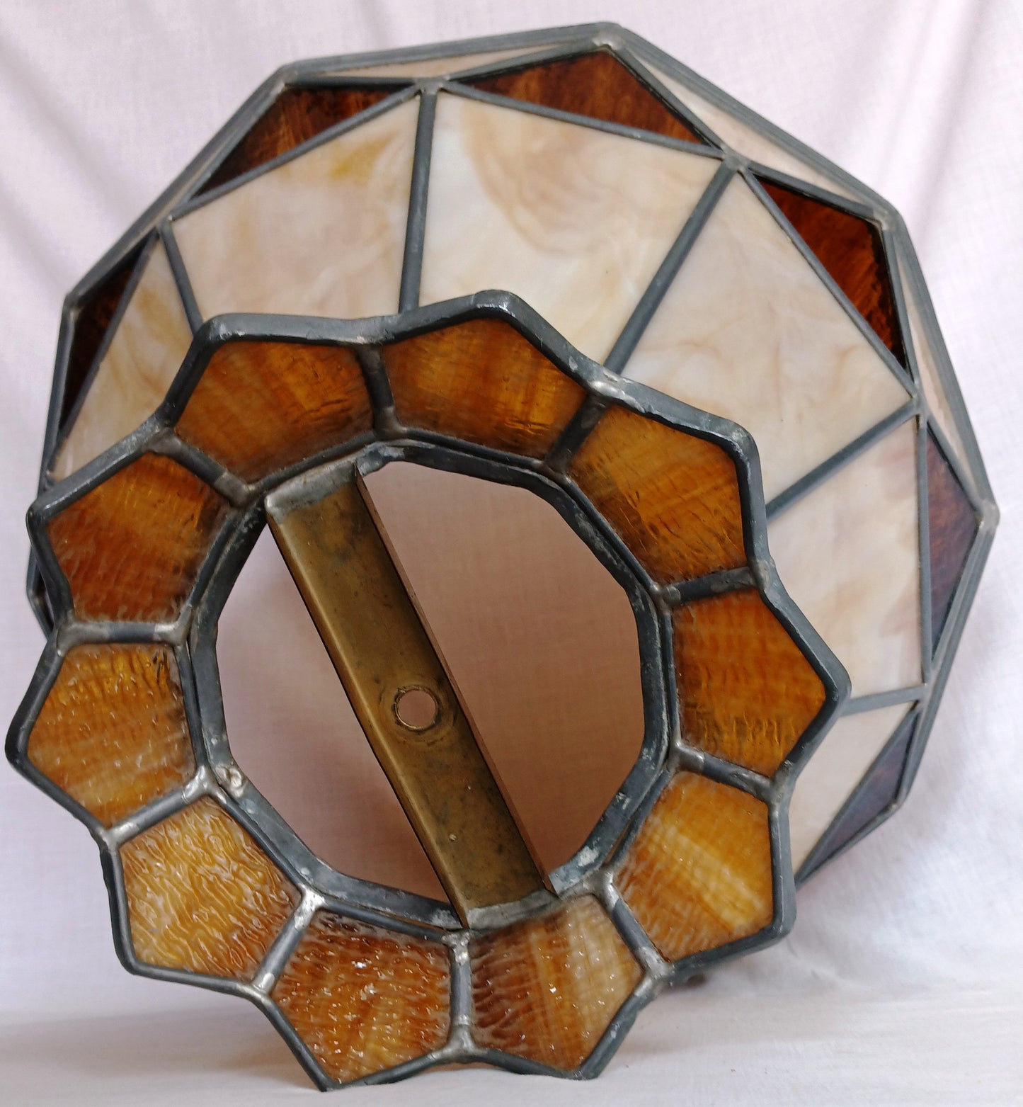 Vintage Large Swag Pendant Large Heavy Replacement Lampshade Tiffany Style Amber Brown Ivory Stained Glass Slag Leaded Framed 15.5” D