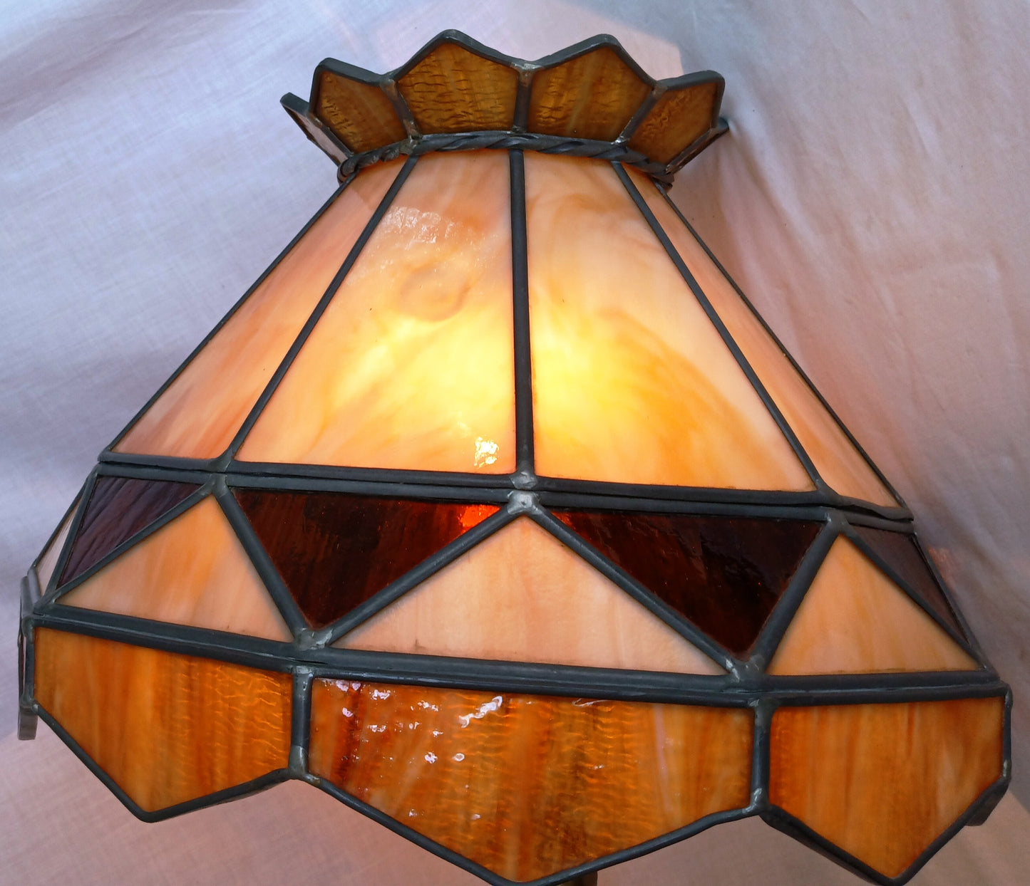 Vintage Large Swag Pendant Large Heavy Replacement Lampshade Tiffany Style Amber Brown Ivory Stained Glass Slag Leaded Framed 15.5” D