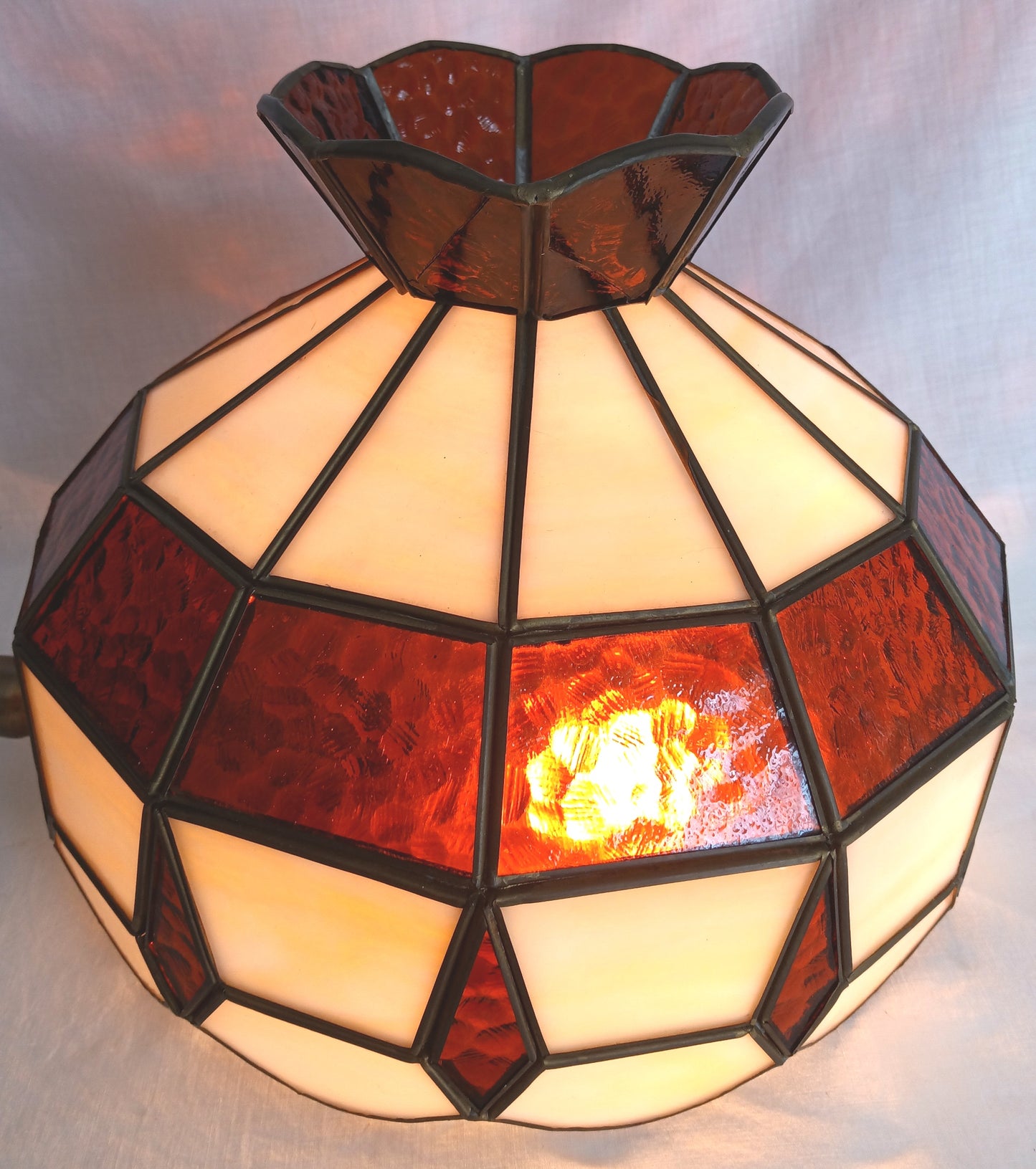 Vintage Handcrafted Tiffany Style Replacement Lampshade Swag Pendant Amber Ivory-Stained Glass Slag Brass Framed Art Glass 12” D-Mexico