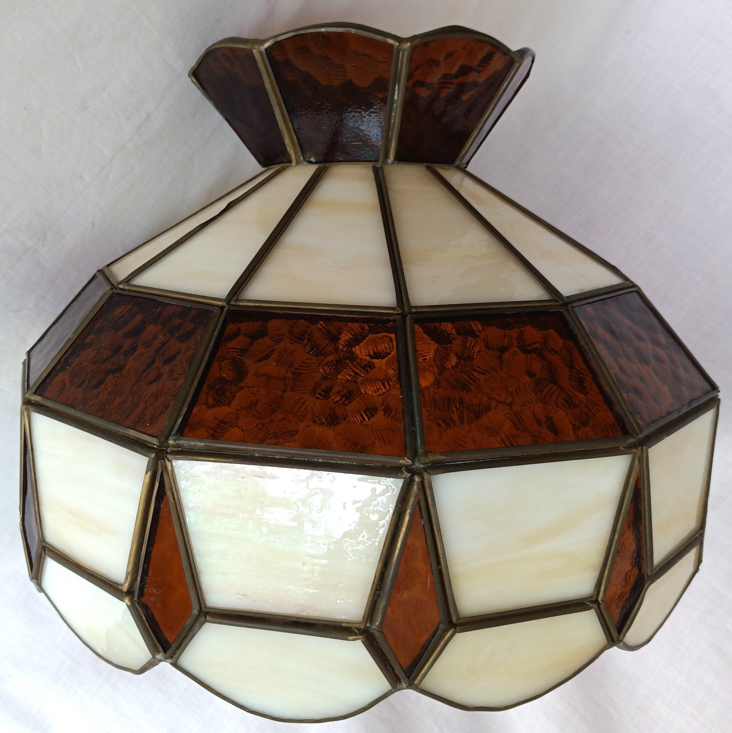 Vintage Handcrafted Tiffany Style Replacement Lampshade Swag Pendant Amber Ivory-Stained Glass Slag Brass Framed Art Glass 12” D-Mexico