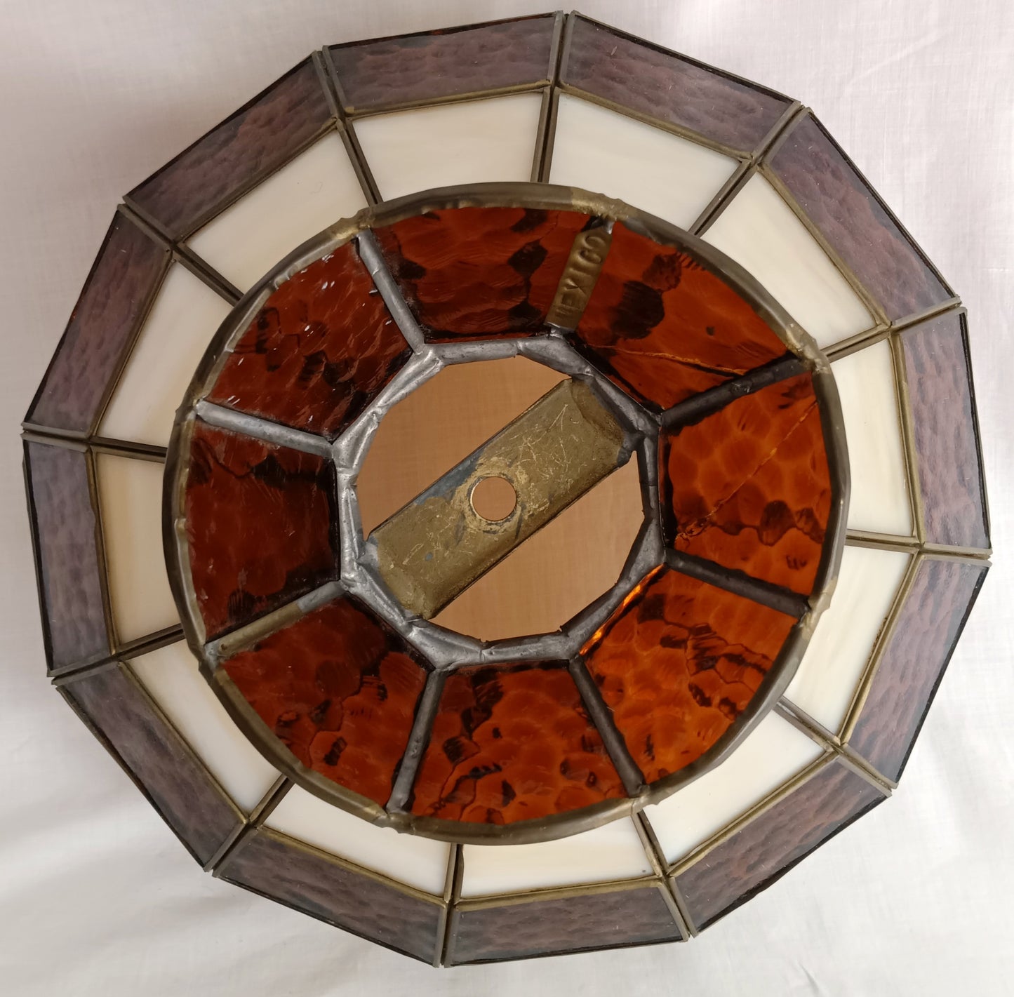 Vintage Handcrafted Tiffany Style Replacement Lampshade Swag Pendant Amber Ivory-Stained Glass Slag Brass Framed Art Glass 12” D-Mexico