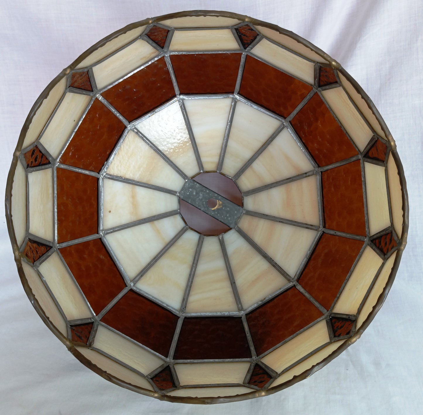Vintage Handcrafted Tiffany Style Replacement Lampshade Swag Pendant Amber Ivory-Stained Glass Slag Brass Framed Art Glass 12” D-Mexico