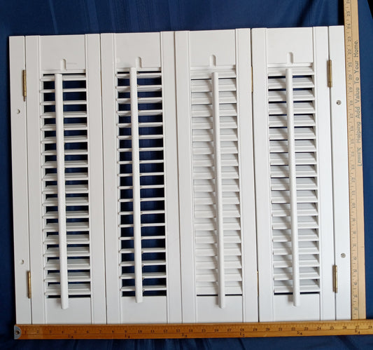 Vintage Plantation Style White Pair Shutters Bi-fold Panels Connected Hinges Interior Louvered Window Faux Wood 26 1/2" W x 24" H-NOS