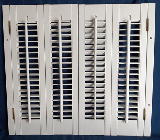 Vintage Plantation Style White Pair Shutters Bi-fold Panels Connected Hinges Interior Louvered Window Faux Wood 26 1/2" W x 24" H-NOS