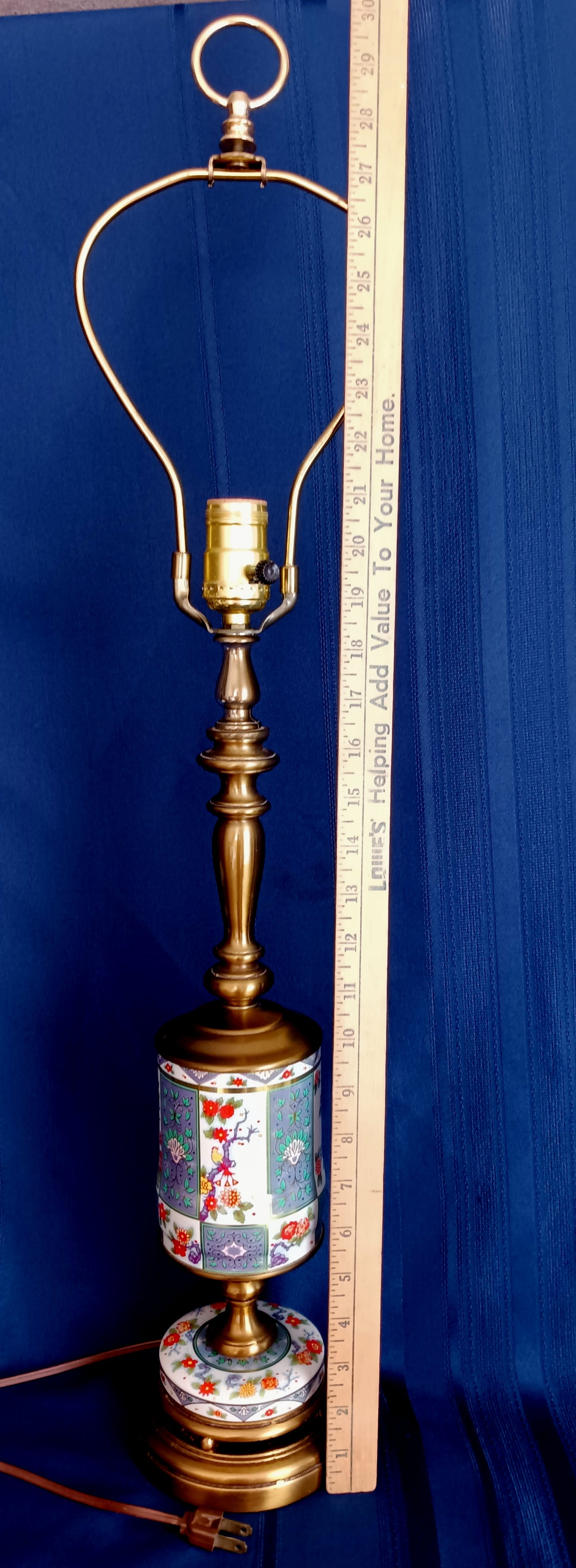 Vintage Chinoiserie Style Column Table Lamp Birds Flowers Daher Tin Solid Brass 3 Way Harp Finial 30” Tall