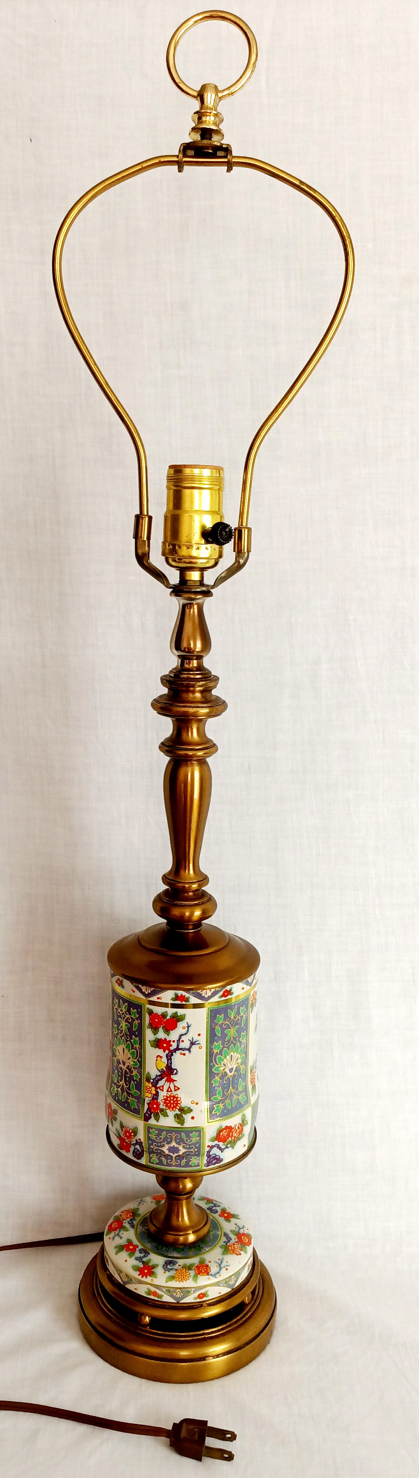 Vintage Chinoiserie Style Column Table Lamp Birds Flowers Daher Tin Solid Brass 3 Way Harp Finial 30” Tall