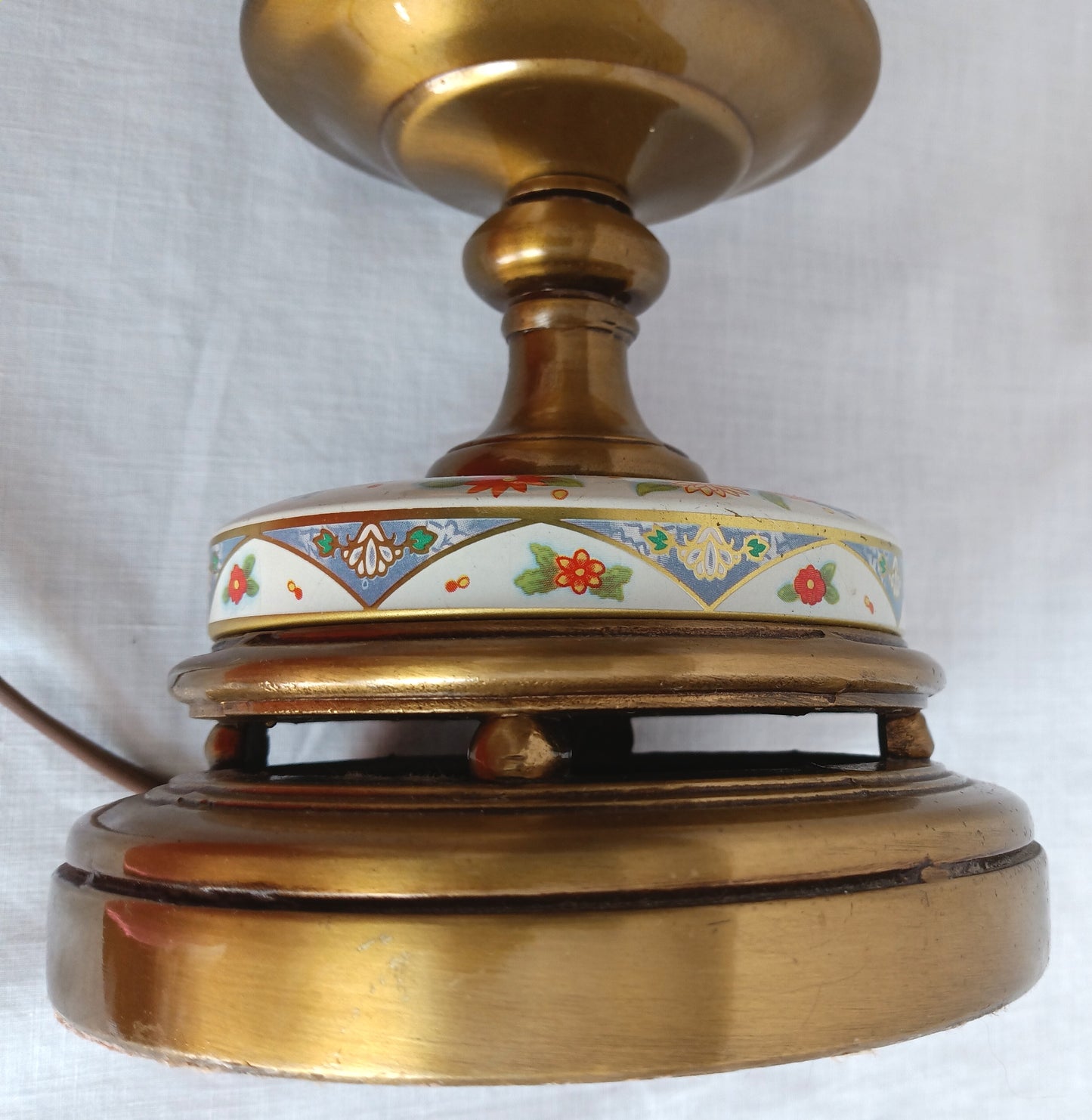 Vintage Chinoiserie Style Column Table Lamp Birds Flowers Daher Tin Solid Brass 3 Way Harp Finial 30” Tall