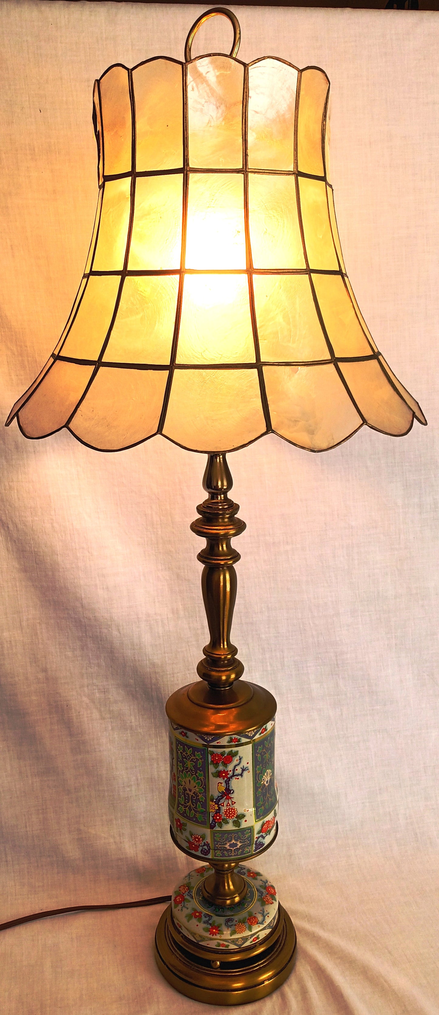 Vintage Chinoiserie Style Column Table Lamp Birds Flowers Daher Tin Solid Brass 3 Way Harp Finial 30” Tall