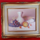 Vintage Still Life Oil Painting on Canvas w/Fruits White Vase Book Signed by Artist Ornate Golden Wooden Frame Wall Art - Mint Condition
