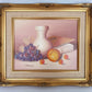 Vintage Still Life Oil Painting on Canvas w/Fruits White Vase Book Signed by Artist Ornate Golden Wooden Frame Wall Art - Mint Condition