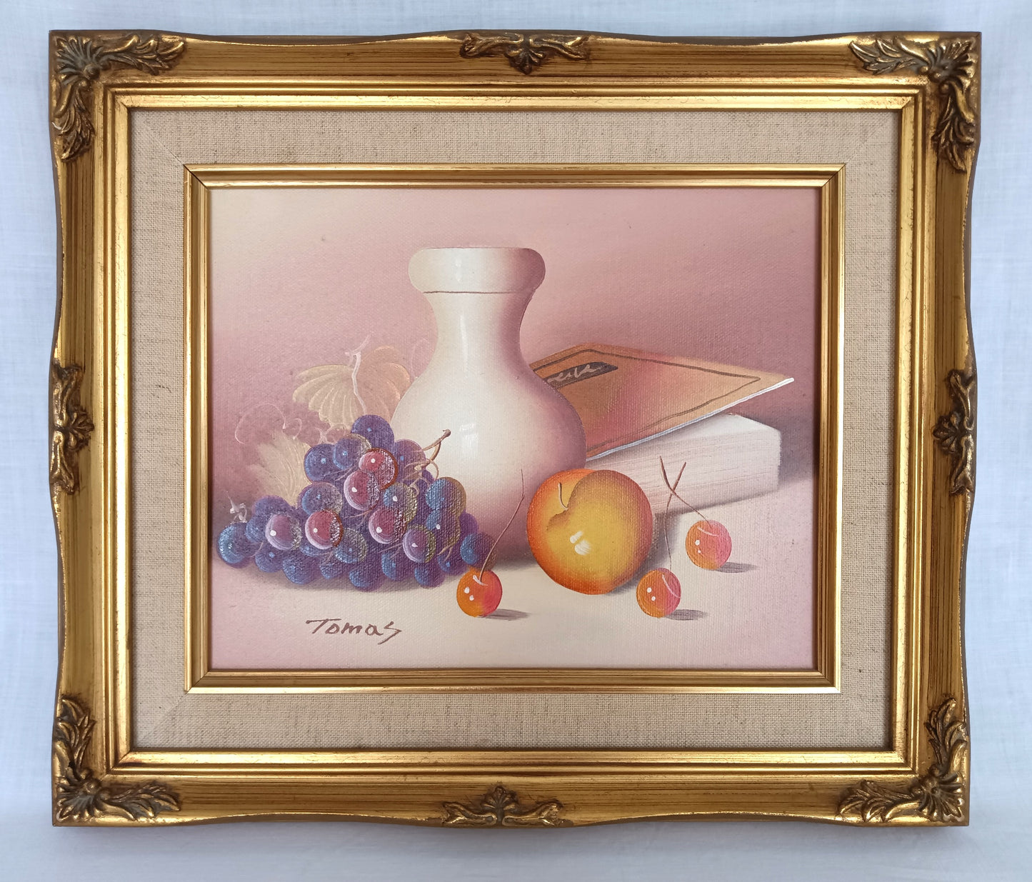 Vintage Still Life Oil Painting on Canvas w/Fruits White Vase Book Signed by Artist Ornate Golden Wooden Frame Wall Art - Mint Condition