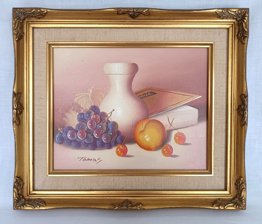 Vintage Still Life Oil Painting on Canvas w/Fruits White Vase Book Signed by Artist Ornate Golden Wooden Frame Wall Art - Mint Condition