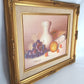 Vintage Still Life Oil Painting on Canvas w/Fruits White Vase Book Signed by Artist Ornate Golden Wooden Frame Wall Art - Mint Condition