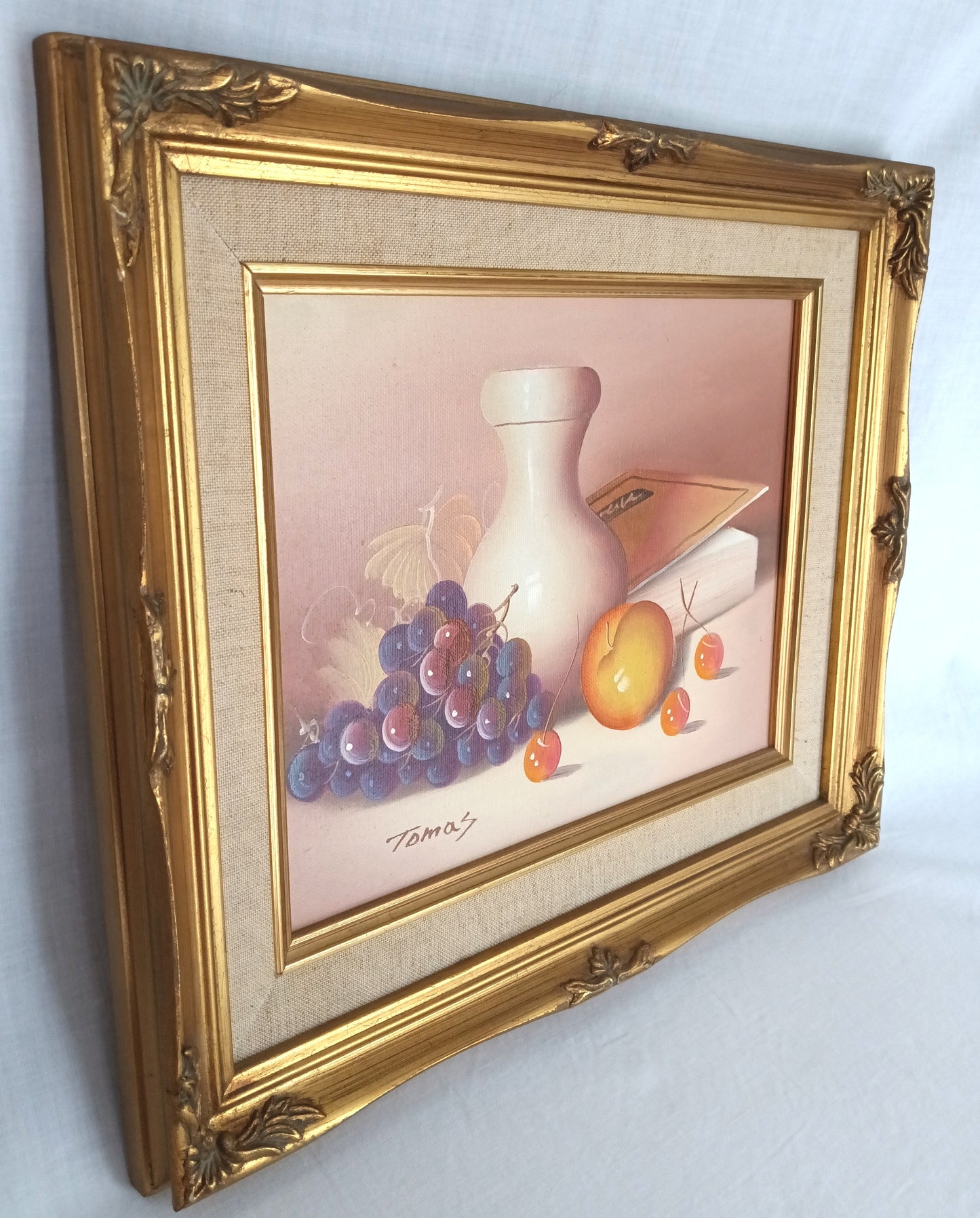 Vintage Still Life Oil Painting on Canvas w/Fruits White Vase Book Signed by Artist Ornate Golden Wooden Frame Wall Art - Mint Condition