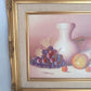 Vintage Still Life Oil Painting on Canvas w/Fruits White Vase Book Signed by Artist Ornate Golden Wooden Frame Wall Art - Mint Condition