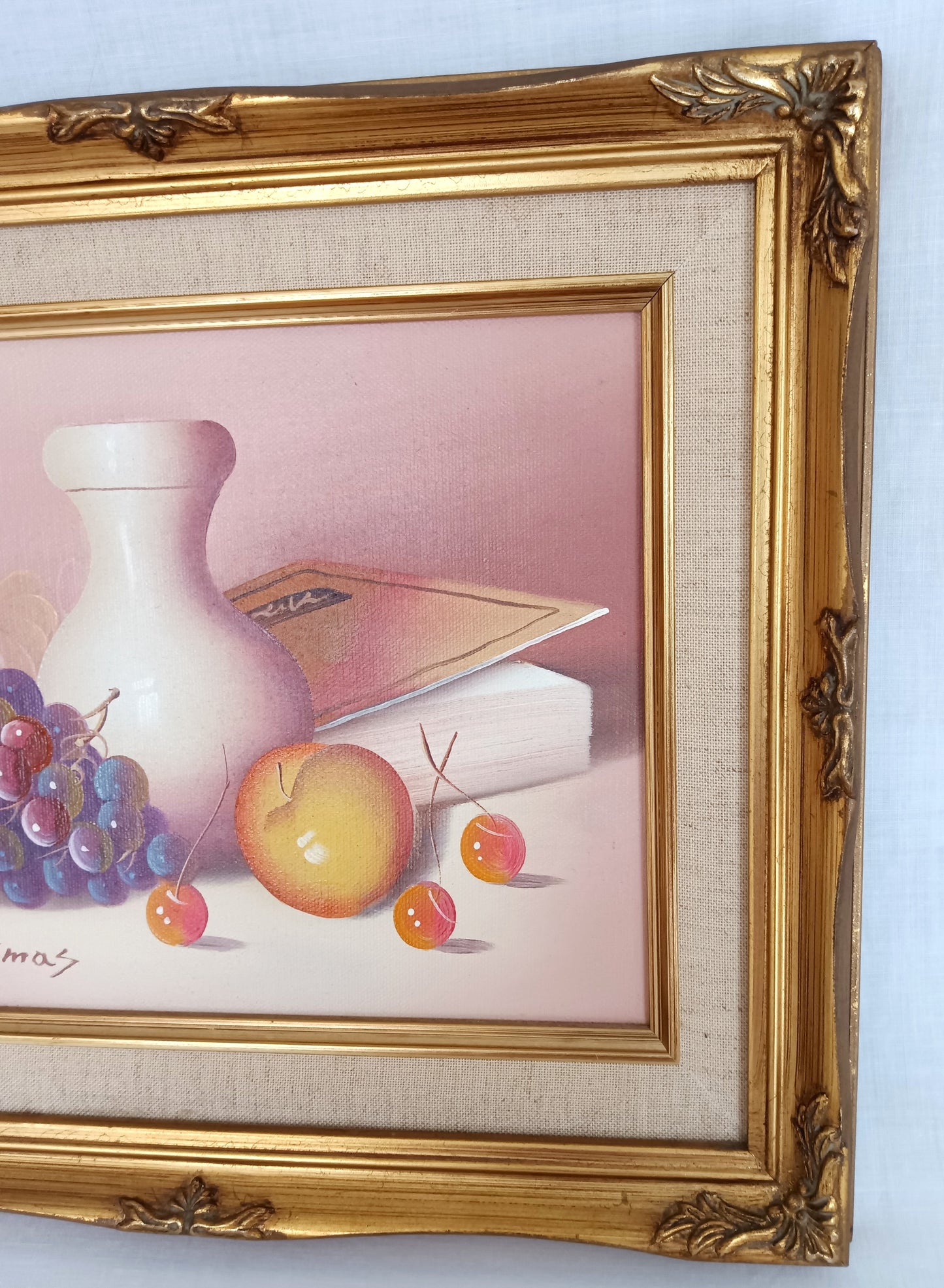 Vintage Still Life Oil Painting on Canvas w/Fruits White Vase Book Signed by Artist Ornate Golden Wooden Frame Wall Art - Mint Condition